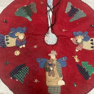 Vintage Handmade Primitive Christmas Tree Skirt-Angels, Bears, & Patchwork Trees